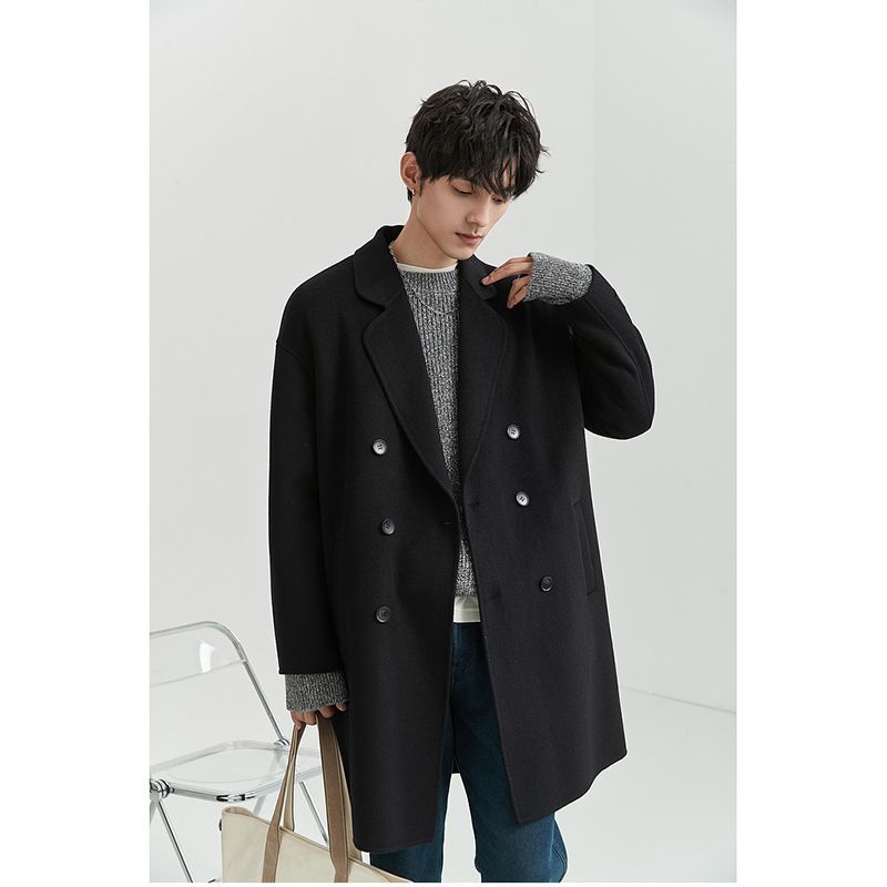 Double-faced wool coat for men, mid-length, Korean style, loose design