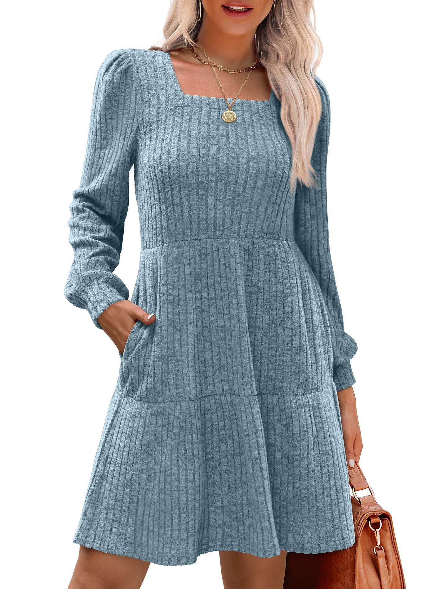 ⏰Women's Square Neck Lantern Sleeve Ribbed Dress