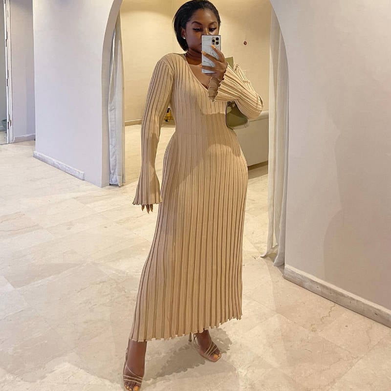 New Sleeved Knit Midi High Elasticity Dress