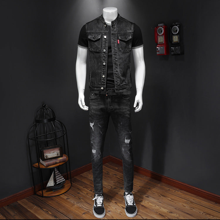 Men's Harley Davidson Team Uniform Black Stand Collar Large Size Denim Vest