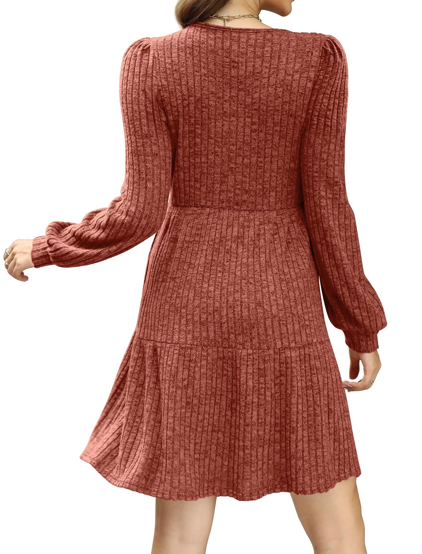 ⏰Women's Square Neck Lantern Sleeve Ribbed Dress
