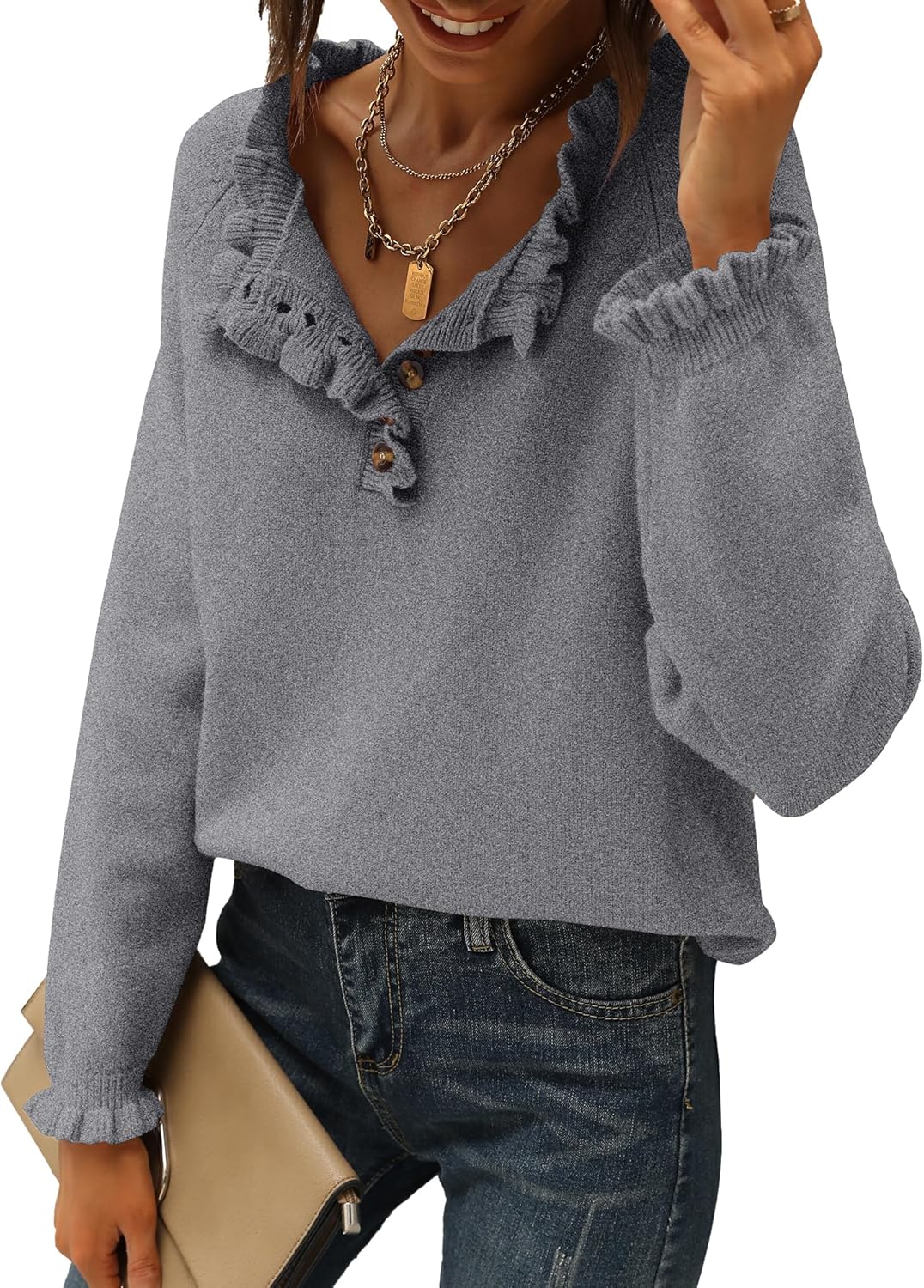 🔥Ruffle Trim Casual Knit Pullover Tops﻿