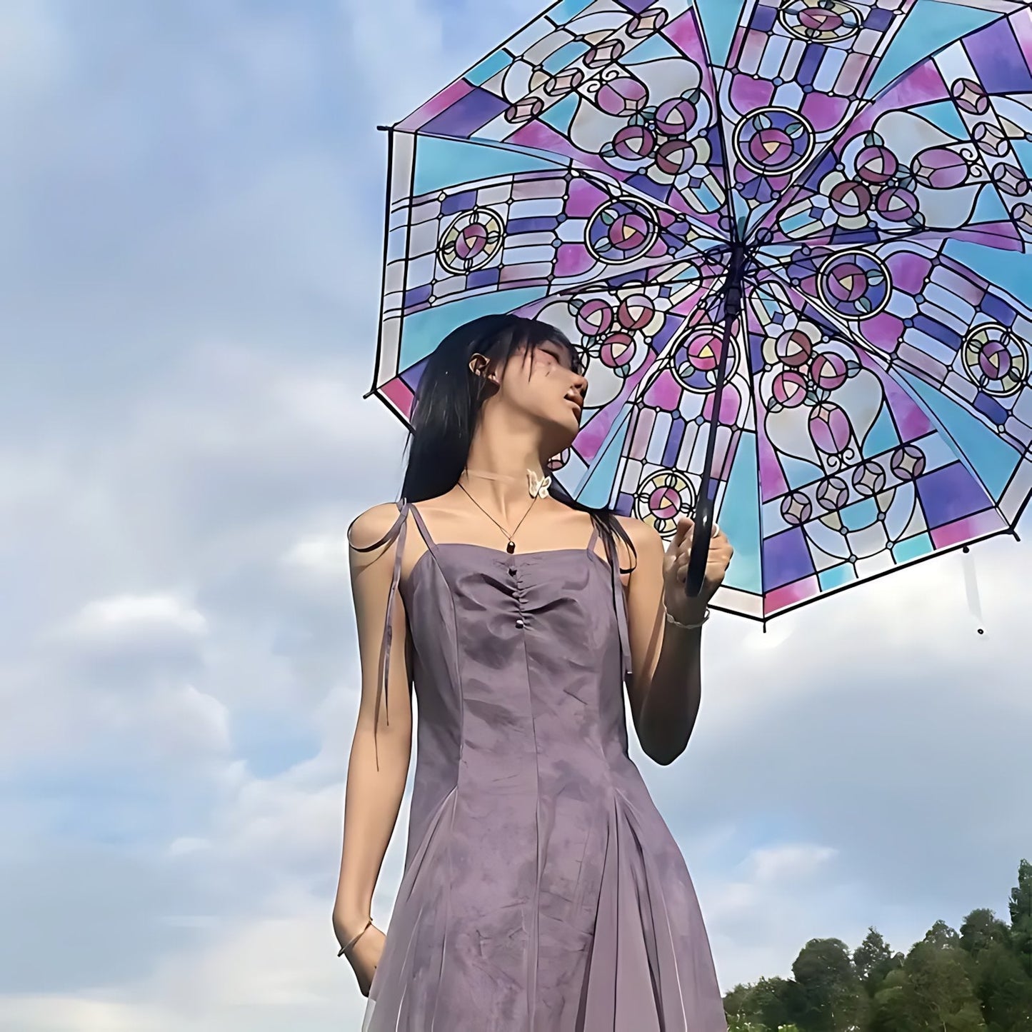 Vintage Stained Glass Automatic Umbrella