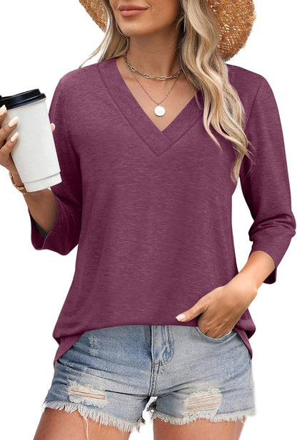 NEW🔥 Women's V Neck 3/4 Long Sleeve  Loose Fit  Tops