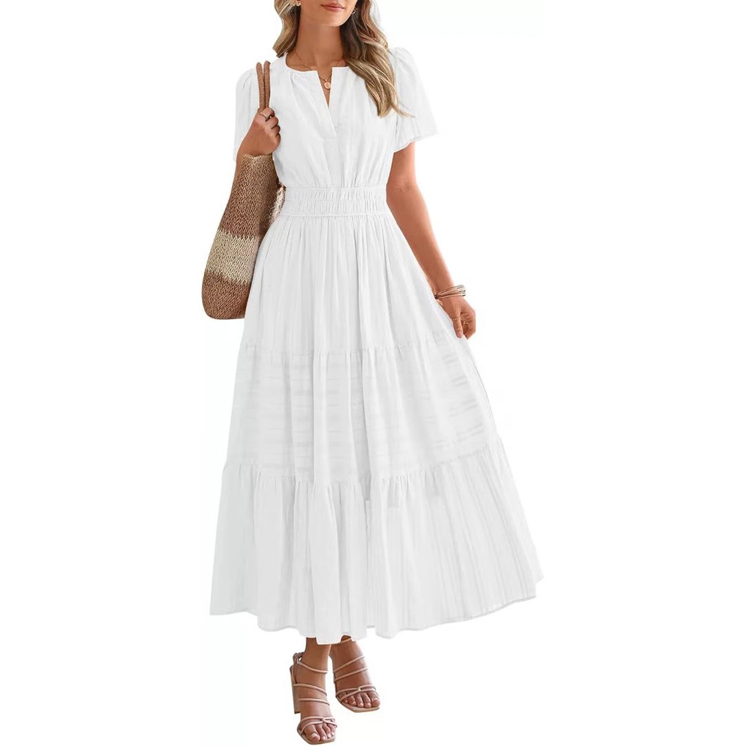 Casual Maxi Dress Lightweight Short Sleeve V Neck Boho Dress with Pockets