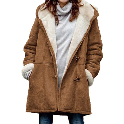 Women Hooded Velvet Horn Button Coat