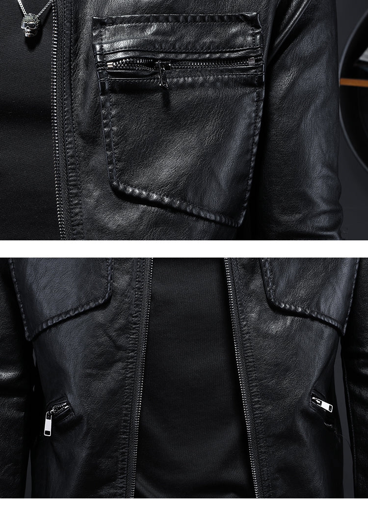 Men's Lapel Motorcycle Leather Jacket Slim Fit Trendy Men's PU Leather Jacket