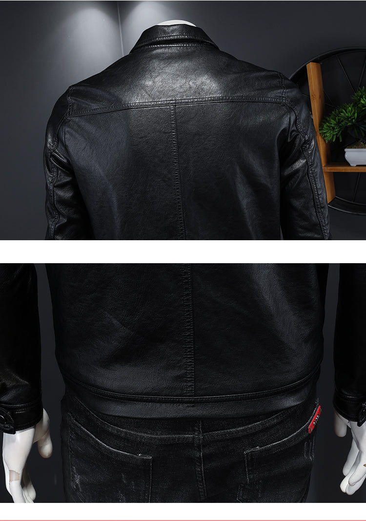 Men's Lapel Motorcycle Leather Jacket Slim Fit Trendy Men's PU Leather Jacket