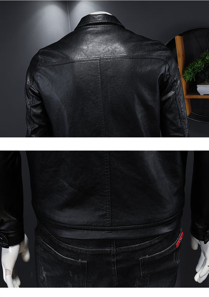 Men's Lapel Motorcycle Leather Jacket Slim Fit Trendy Men's PU Leather Jacket