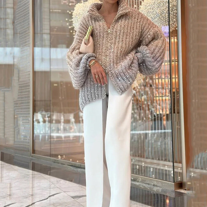 Solid color sequined knitted sweater