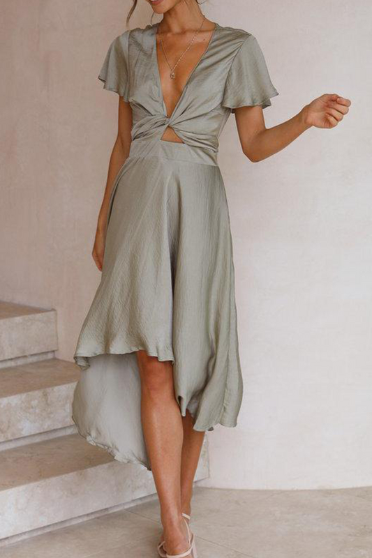 Elegant Solid Knotted With Belt V Neck Irregular Maxi Dresses