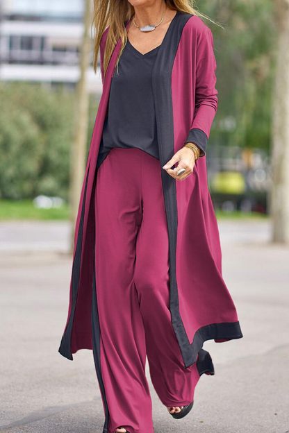 Casual Elegant Patchwork Contrast V Neck Long Sleeve Three Pieces