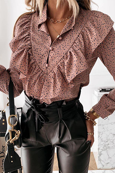 Casual Elegant Print Buckle Flounce Mandarin Collar Tops