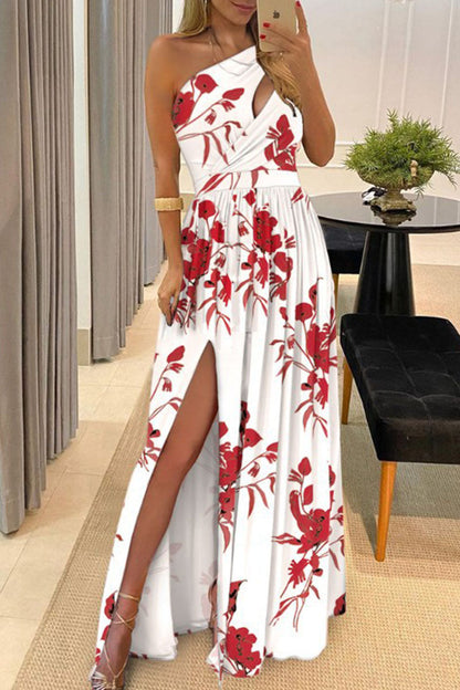 Casual Print Patchwork Slit Oblique Collar Straight Dresses