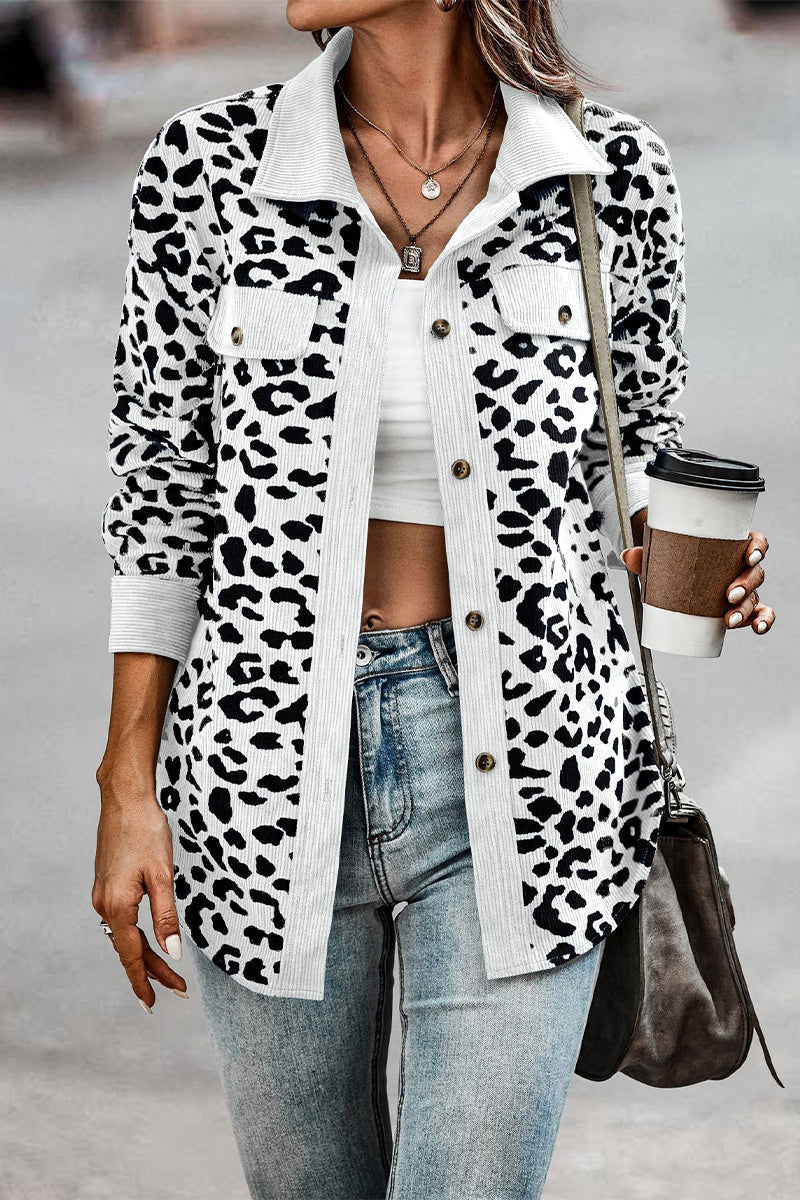 Casual Sweet Leopard Pocket Turndown Collar Tops