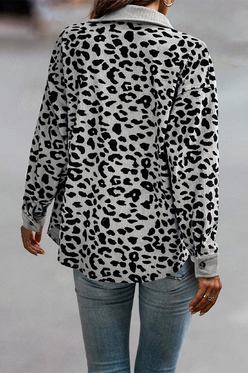 Casual Sweet Leopard Pocket Turndown Collar Tops