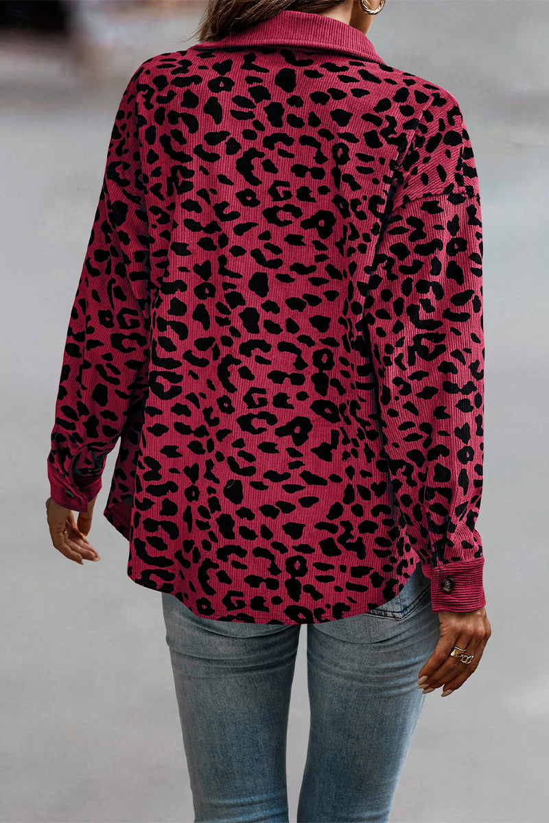 Casual Sweet Leopard Pocket Turndown Collar Tops