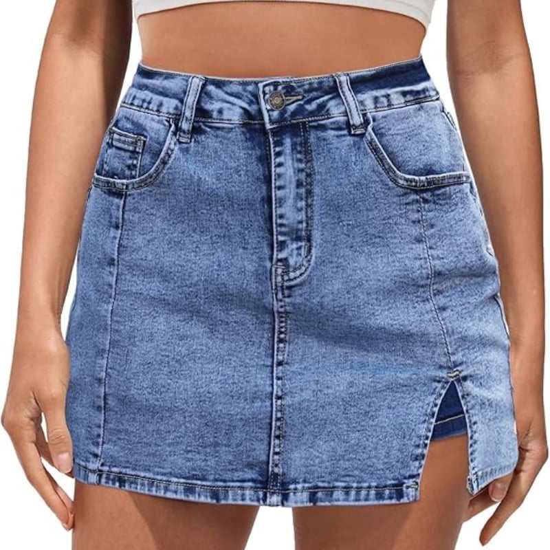 🔥Skorts Skirts for Women Denim Mini Skirt Side Slit with High Waisted Jean Shorts Stretchy