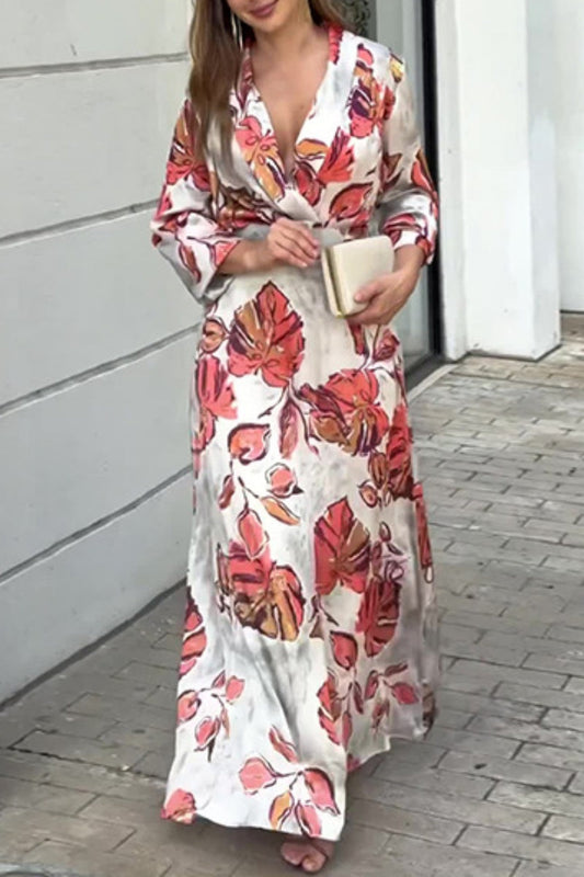 Casual Print Patchwork V Neck Long Dresses