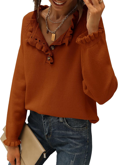 🔥Ruffle Trim Casual Knit Pullover Tops﻿