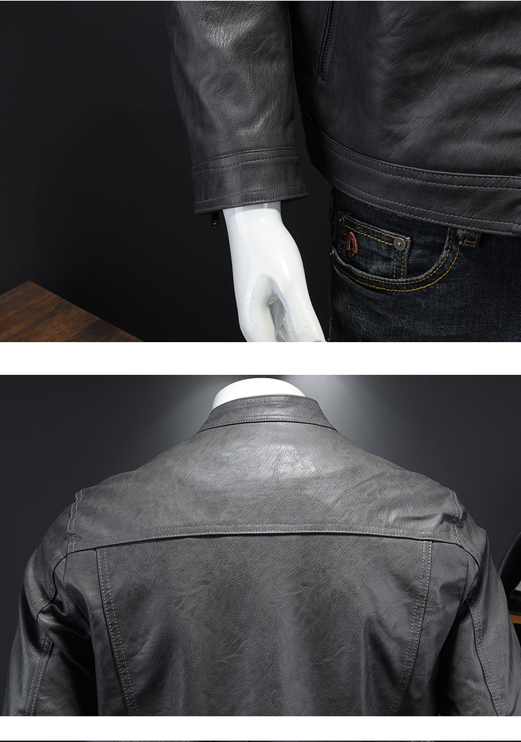 Men's slim-fit stand collar leather jacket