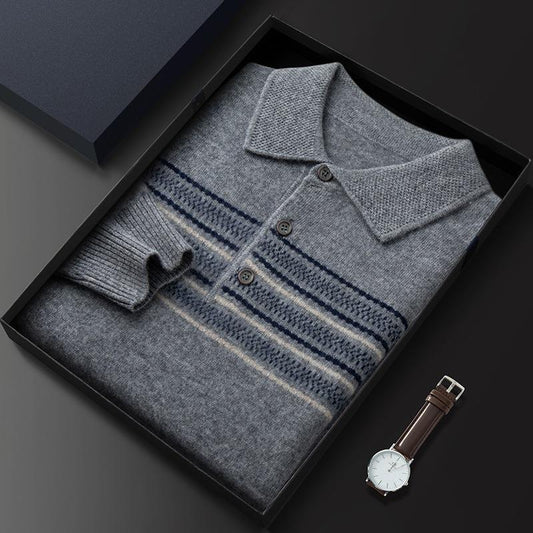 Men's Polo Shirt Collar Cashmere Sweater Fashion Jacquard Striped Sweater Loose Pullover Knitted Bottoming Shirt Top