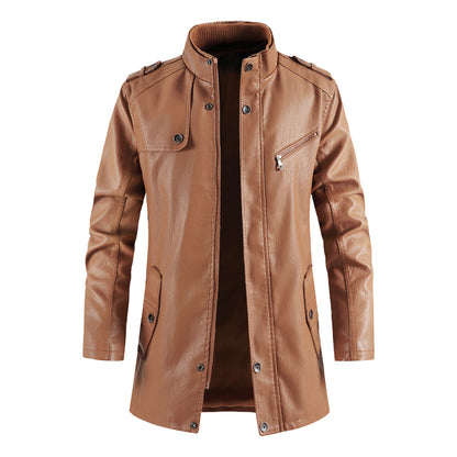 Men's mid-length leather jacket large size PU leather windbreaker men's jacket