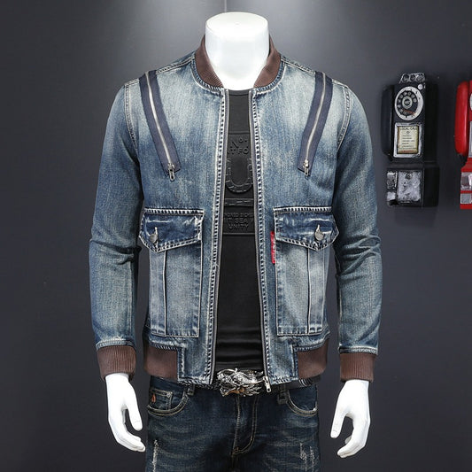 Men's zipper baseball collar denim jacket