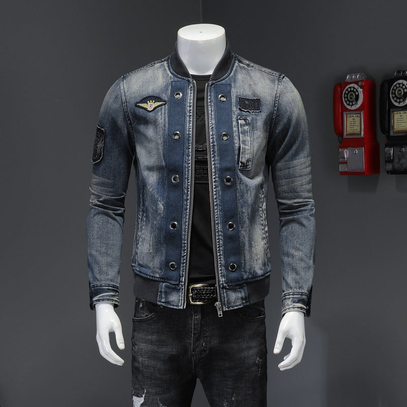 Vintage Stand Collar Men's Flight Suit Denim Jacket Men's Coat