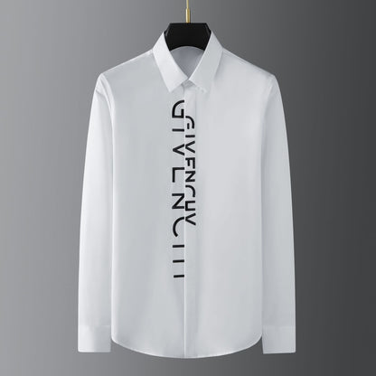 High-end men's long-sleeved shirt with random letters embroidered on the placket