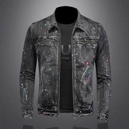 Spray Paint Zipper Denim Jacket Trendy Fashion Lapel Denim Jacket