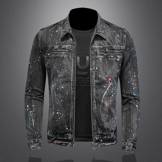 Spray Paint Zipper Denim Jacket Trendy Fashion Lapel Denim Jacket