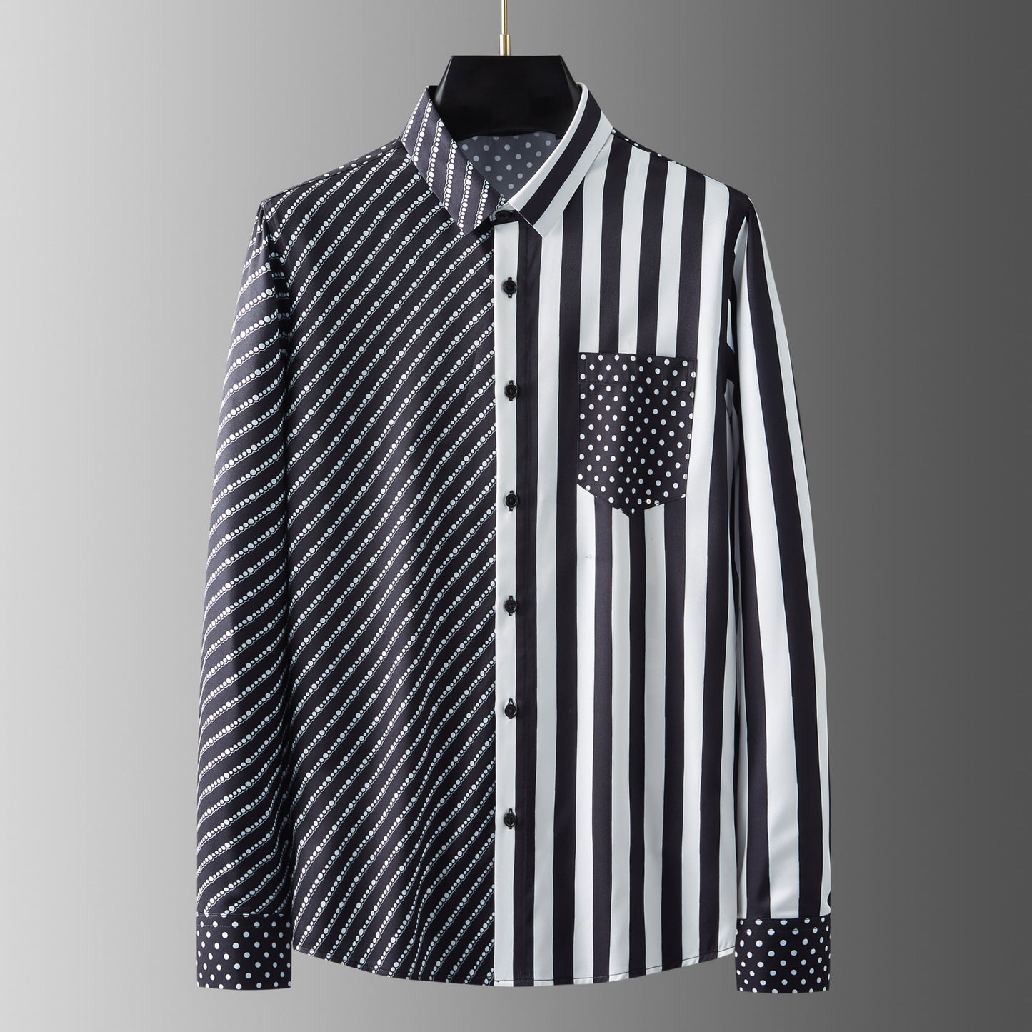 Men's long-sleeved shirt with wrinkle-free diagonal stripes and polka dot print pocket decoration