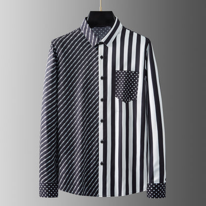 Men's long-sleeved shirt with wrinkle-free diagonal stripes and polka dot print pocket decoration