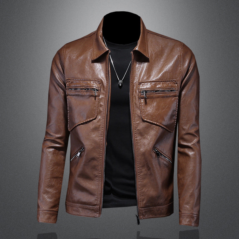 Men's Lapel Motorcycle Leather Jacket Slim Fit Trendy Men's PU Leather Jacket