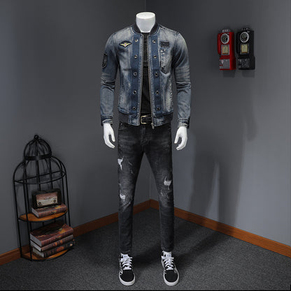 Vintage Stand Collar Men's Flight Suit Denim Jacket Men's Coat