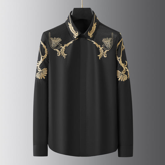Heavy craft embroidered wheat ear flower men's long sleeve shirt