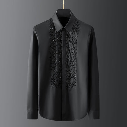 Handcrafted Black Elegant Geometric Metal Stone Beaded Sewn Men's Shirt