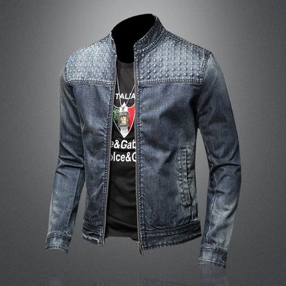 Personalized Stand Collar Motorcycle Denim Jacket Embossed Denim Clothing