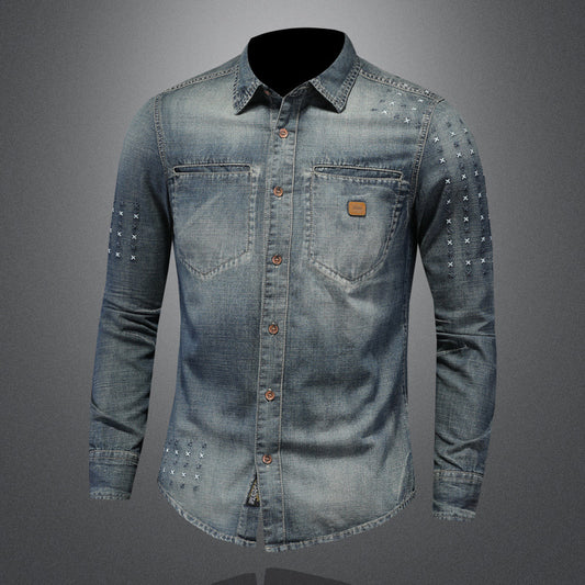 High quality vintage embroidered washed shirt for men slim fit