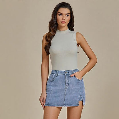 🔥Skorts Skirts for Women Denim Mini Skirt Side Slit with High Waisted Jean Shorts Stretchy