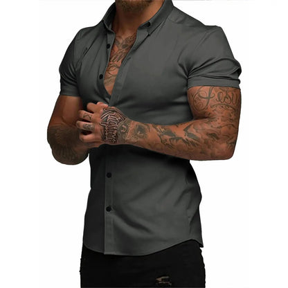 ⚡Hot Sales 49% OFF🔥Mens Muscle Fit Dress Shirts Casual Button Down Shirt Short Sleeve Wrinkle-Free Shirts