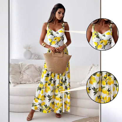 Women’s Elegant Lemon Print Spaghetti Strap Flowy Long Dress