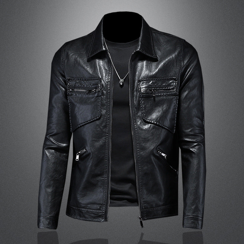 Men's Lapel Motorcycle Leather Jacket Slim Fit Trendy Men's PU Leather Jacket