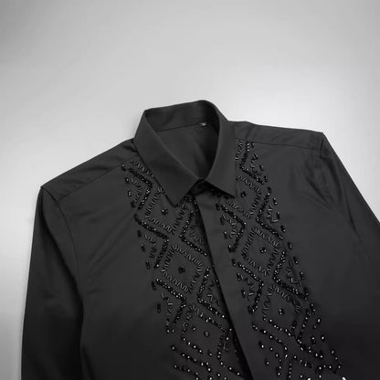 Handcrafted Black Elegant Geometric Metal Stone Beaded Sewn Men's Shirt