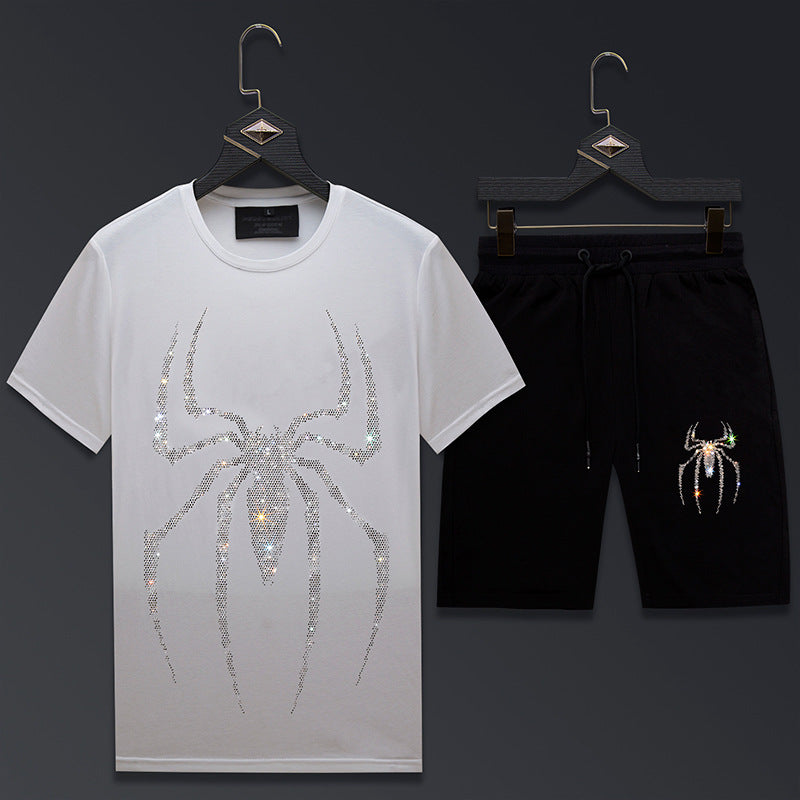 Men's summer suit with heavy-duty rhinestone mercerized cotton t-shirt and ice silk casual pants