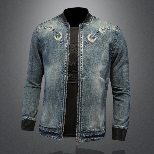 Baseball Rib Embroidered Denim Jacket for Men