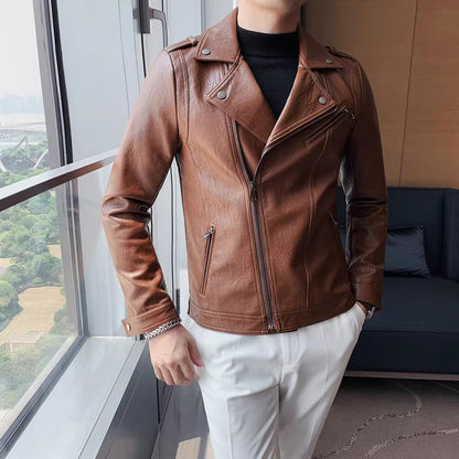 Korean style men's oblique zipper suit collar leather jacket