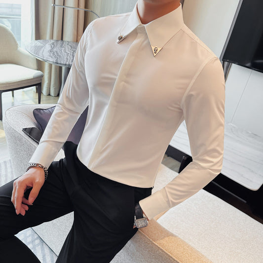 Men's long-sleeved shirt trendy casual handsome slim shirt with concealed button large collar