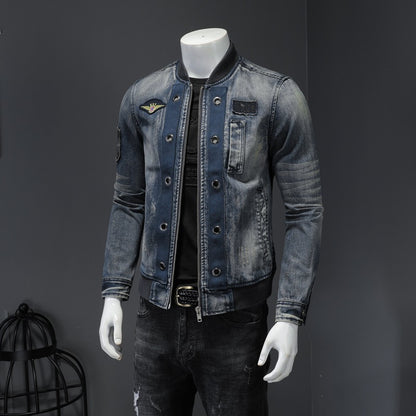 Vintage Stand Collar Men's Flight Suit Denim Jacket Men's Coat